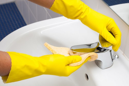 Professional carpet cleaning tools and safety equipment arranged for use